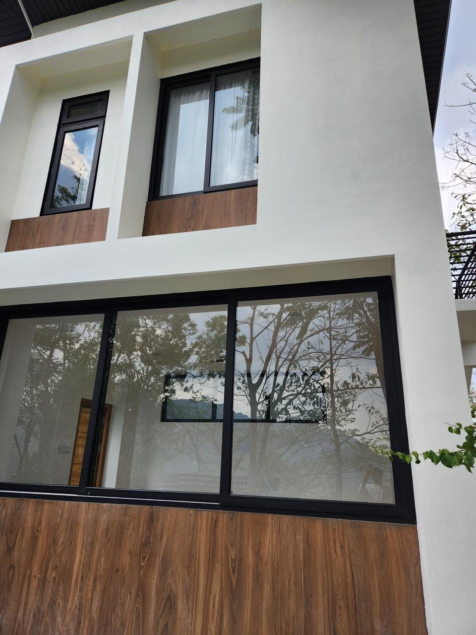 Close-up facade detail with black-framed windows and wood cladding